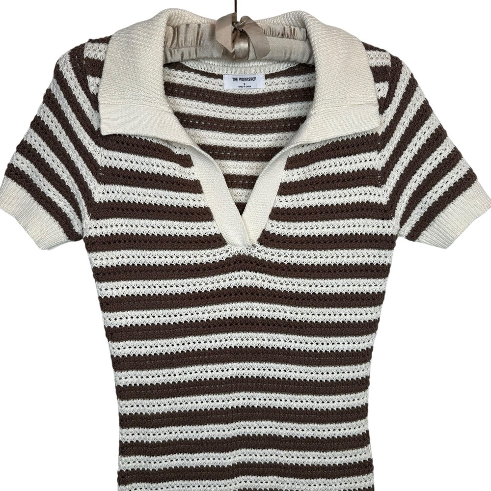 The‎ Workshop Crocheted Midi Dress S Brown Striped Collared Retro Cotton Knit - Picture 3 of 9